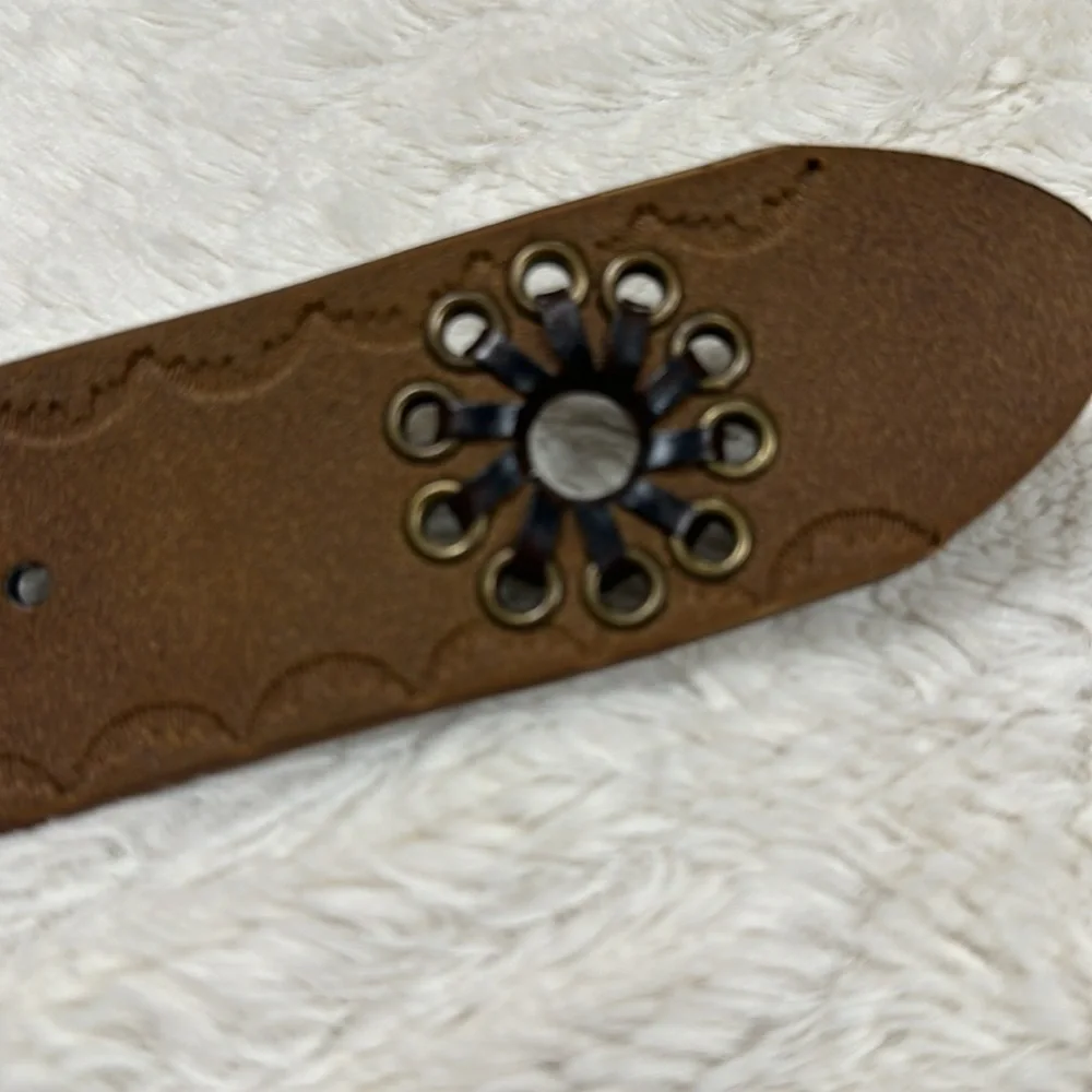 Vegan leather belt with flower cutouts and oval brass buckle w/ tiny stones XL